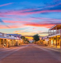 view of lit up street in tombstone arizona