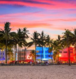 south beach miami lit up with multi-colored lights