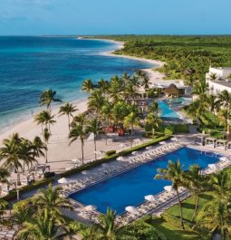 Aerial view of the pool and beach at Dreams Tulum Resort & Spa
