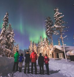 group of people bundled in winter gear stand on snow-covered pathway surrounded by pine trees while they gaze up at Northern Lights