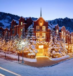 Snow covers the castle-like St. Regis Aspen Resort in Colorado
