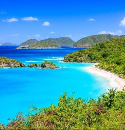 Bright turquoise waters with lush green coastline