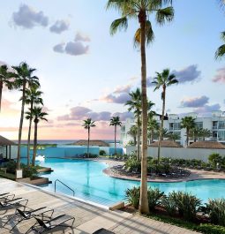swimming pool with palm trees at Pearl South Padre Resort