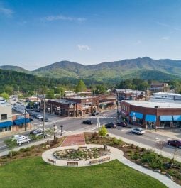 overhead drone shot of Black Mountain town plaza in North Carolina town square