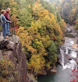 gorge with fall foliage and overlook with couple admiring view
