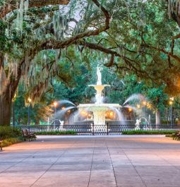 Large fountain surrounded by moss-draped trees in Savannah, Georgia