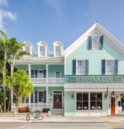 bright blue exterior of Marquesa Hotel