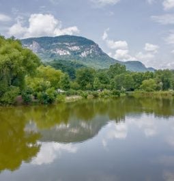 view of lake lure with mountain in background