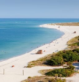 Overview of white sand beach of barrier island