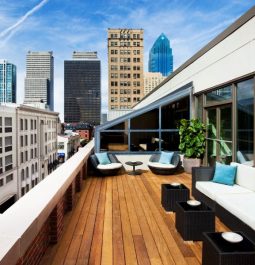 The rooftop balcony overlooks downtown Philadelphia at Rittenhouse Hotel