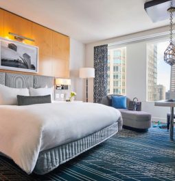 Sleek and elegant hotel room with stylish decor