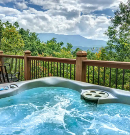 Jacuzzi overlooking the trees and mountains