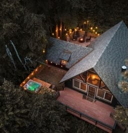 Aerial view looking down on cabin