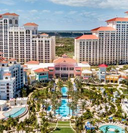 Overview of Grand Hyatt Baha Mar including grounds wih pools and