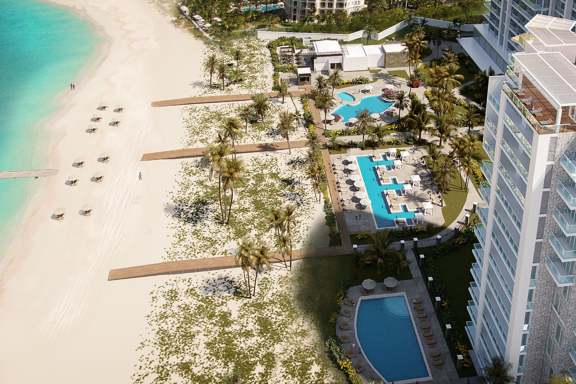 Aerial view of pools and beaches at the new Ritz-Carlton Turks & Caicos resort