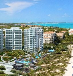 An aerial view of the new RItz-Carlton Turks & Caicos resort on Grace Bay beach.