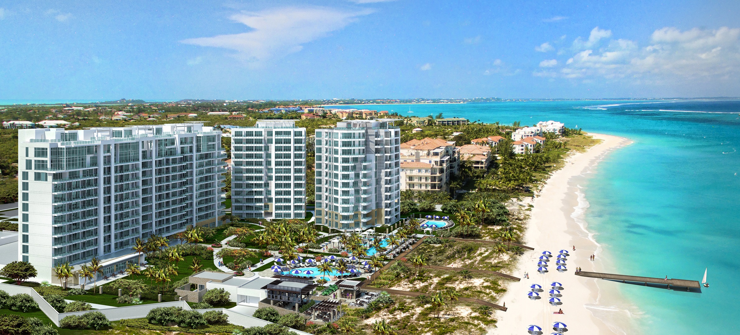 An aerial view of the new RItz-Carlton Turks & Caicos resort on Grace Bay beach.