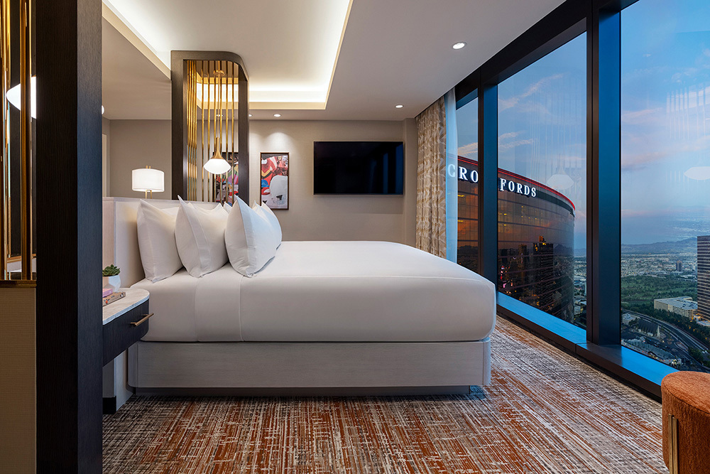 A guest room with a view of the Las Vegas Strip from the Las Vegas Hilton at Resorts World Las Vegas megaresort