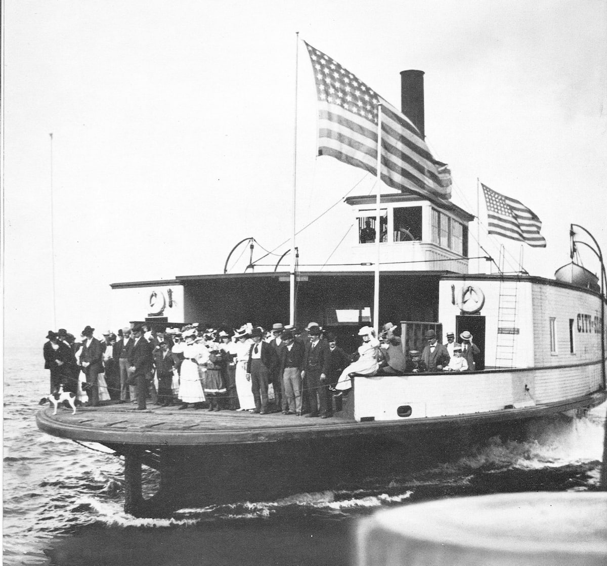 Black and white photo of the maiden voyage of the Yellow Ferry in 1888