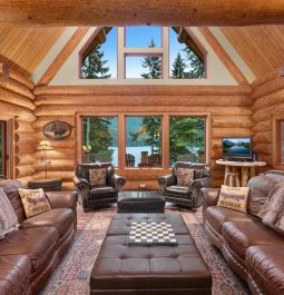 living room of cabin at Lakefront Lodge on Lake Swift