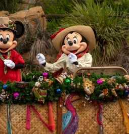 Mickey and Minnie float down Animal Kingdom's Discovery River on a festive flotilla.