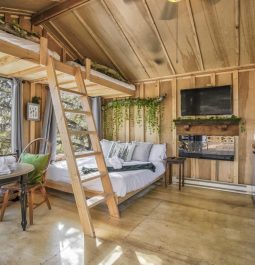rustic interior of wooden treehouse cabin