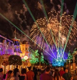 Fireworks and projections on Cinderella Castle and Main Street, U.S.A. in Disney World
