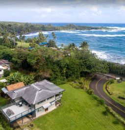 Aerial view of home in Hana and the ocean