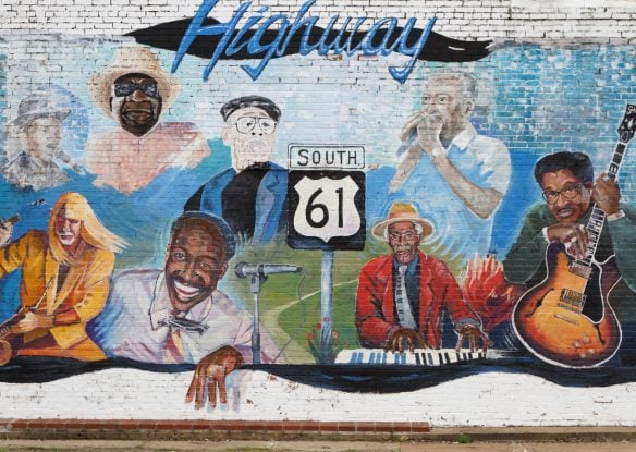 Painted wall in honor of old Mississippi Bluesmen.