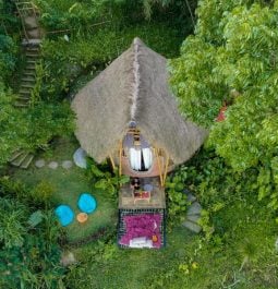aerial view overlooking a hut in bali