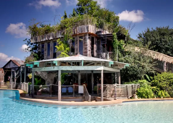 Exterior view of treehouse with pool