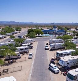 Aerial view of campers and road