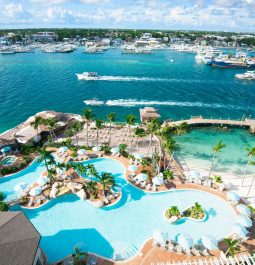 aerial view of oceanfront swimming pool at Bahamas resort