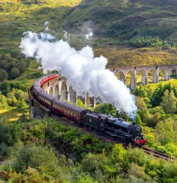 vintage steam train on the Glenfinnan viaduct in Scotland