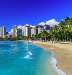Waikiki beach and Honolulu s skyline.
