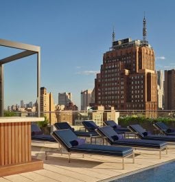 Rooftop pool with bar with skyline view