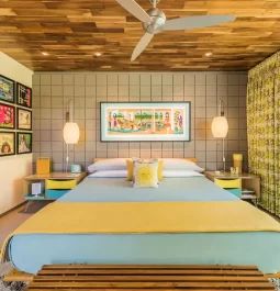 Colorful bedroom at luxurious Palm Springs vacation rental