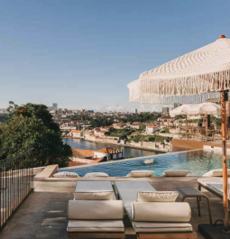 rooftop hotel pool with loungers and fringed sun umbrellas
