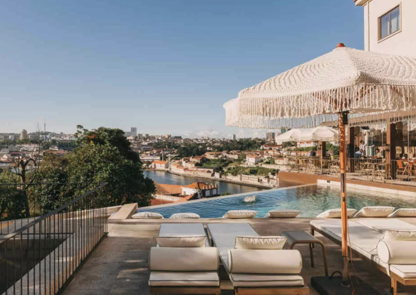 rooftop hotel pool with loungers and fringed sun umbrellas
