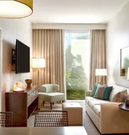 Interior of a hotel suite with a street view