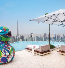 Rooftop pool overlooking dubai skyline with rubber duck art installation on pool deck