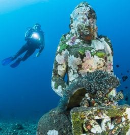 Underwater statue next to diver
