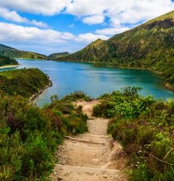 Walking path leading to Lagoa do Fogo volcanic lake, Azores, Portugal