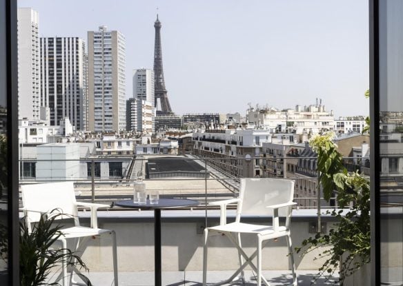 Hotel rooftop terrace with the Eiffel Tower view