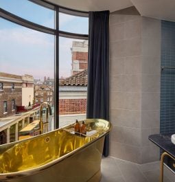 Golden bathtub overlooking city
