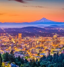 Portland, Oregon, USA downtown skyline with Mt. Hood at dawn.