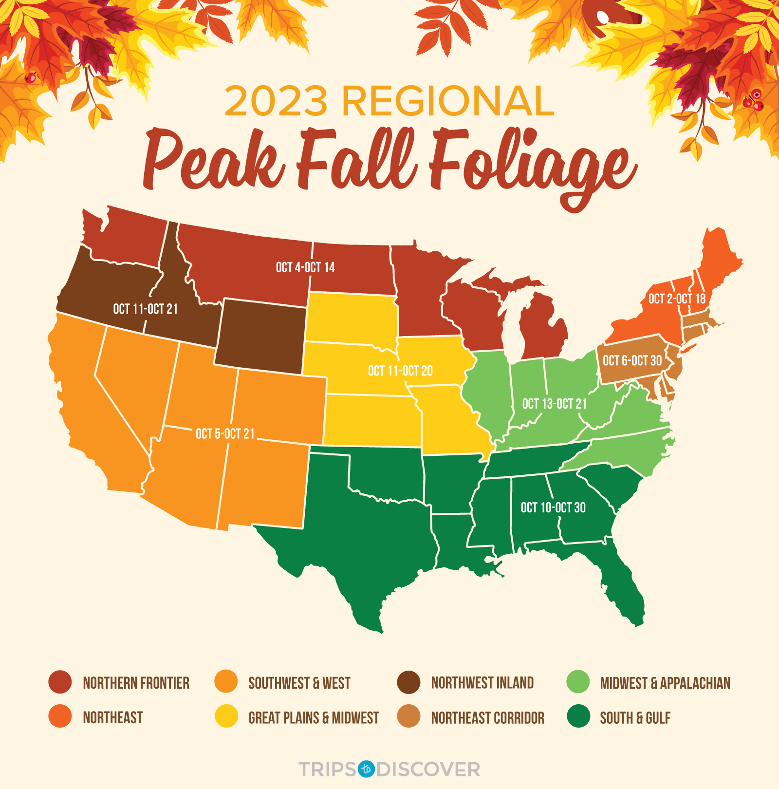 Map displaying the 2023 Regional Peak Fall Foliage dates across eight regions in the United States, with a color gradient from brown to green to indicate the progression of peak fall dates. Brown represents regions with earlier peak foliage, while green indicates regions with later peak foliage. Dates for each region's peak foliage are prominently displayed on the map above each respective area. A key is included, featuring color swatches next to the names of each region.