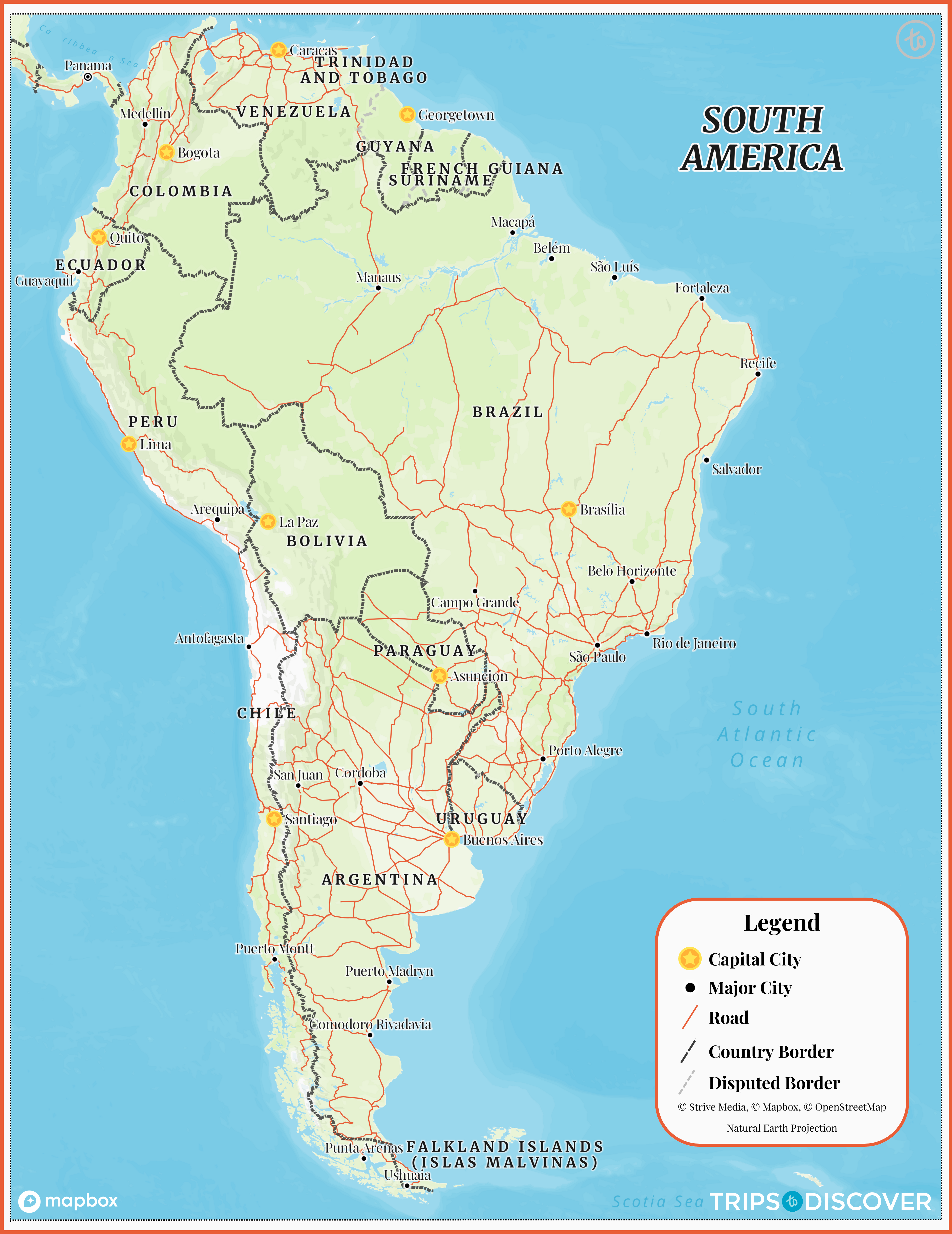Political/Atlas Travel Map of South America with countries, capitals, large cities and roads.