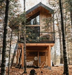 Exterior view of a treehouse with a wooden sauna nearby