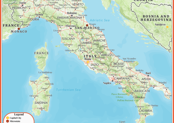 Political/Atlas Travel Map of Italy with regions, capitals, large and small cities, roads and parks.